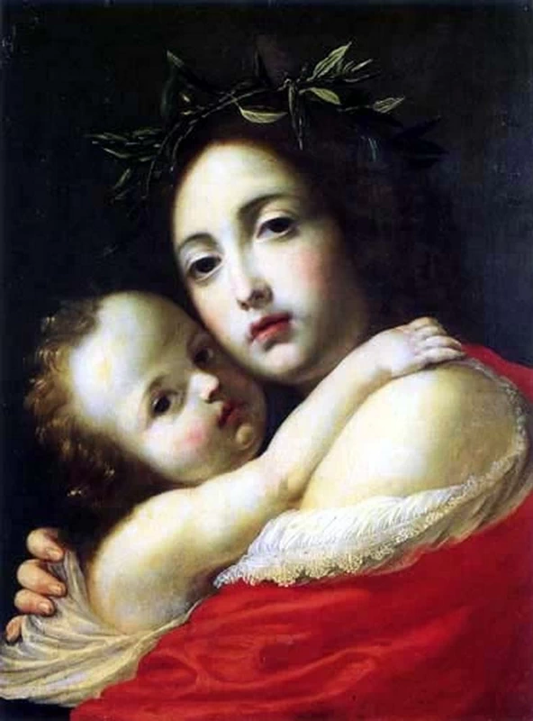 Una donna coronata di alloro tiene in braccio un bambino